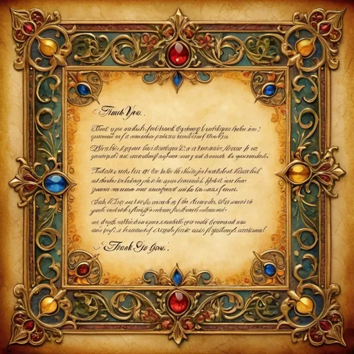 Prompt: (accurately spelled text "Thank you for watching"), medieval illuminated script, ornate lettering with intricate designs, golden and vibrant colors, aged parchment background, soft glowing highlights, high-detail texture, rich historical ambiance, warm lighting, ornate border decorations, enchanting atmosphere, expressive embellishments, ultra-detailed craftsmanship, evoking a sense of appreciation and awe.