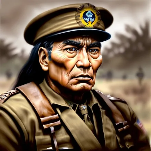 Prompt: Honor of Navajo Code Talker, realistic portrait, digital painting, World War Two Army combat uniform, intense and focused gaze, war hero, detailed facial features, historical tribute, highres, ultra-detailed, realistic, intense, vintage, traditional attire, heroic, honorable, patriotic, sepia tones, detailed