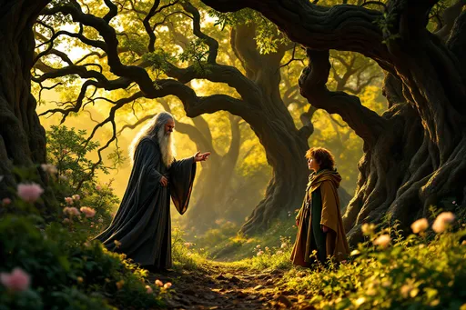 Prompt: Gandalf the Gray and Bilbo Baggins, magical realm, fantastical atmosphere, cinematic composition, warm color tones with gentle lighting, mystical forest backdrop filled with ancient trees, detailed facial expressions showcasing wisdom and curiosity, immersive landscape, high depth, ultra-detailed imagery, evokes adventure and friendship.