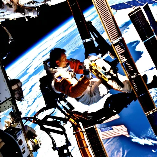 Prompt: Astronaut Jerry L. Ross, STS-110 mission specialist, anchored to the mobile foot restraint at the end of the International Space Station’s (ISS) Canadarm2, works in tandem with astronaut Lee M. E. Morin (out of frame), mission specialist, during the fourth and final scheduled session of extravehicular activity (EVA) for the STS-110 mission.
NASA