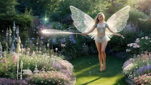 Prompt: (pixie flying above her garden), (magic dust flowing from her wand), her bare body sparkling with magic (gossamer wings extended), ethereal atmosphere, tranquil ambiance, vibrant, lush greenery in the background, colorful flowers blooming, soft sparkle effect in the air, warm, radiant sunlight filtering through, high resolution, ultra-detailed visuals, enchanting magical realism, whimsical charm.