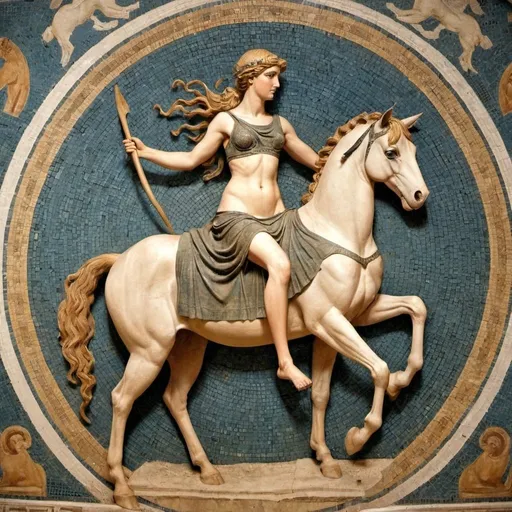 Prompt: The Centaurides (Ancient Greek: Κενταυρίδες, Kentaurides) or centauresses are female centaurs. First encountered in Greek mythology as members of the tribe of the Centauroi, the Centaurides are only occasionally mentioned in written sources, but appear frequently in Greek art and Roman mosaics. The centauress who appears most frequently in literature is Hylonome, wife of the centaur Cyllarus.

Draw me a female centauress. 