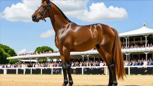 Prompt: (thoroughbred stallion), standing proud at (Royal Ascot racecourse), (16 hands high), (glossy chestnut coat) glistening in the (bright sunlight), showcasing muscular build and powerful stance, (background: elegant spectators and grandstands under a clear blue sky), atmosphere filled with (excitement), (highly detailed, 4K).