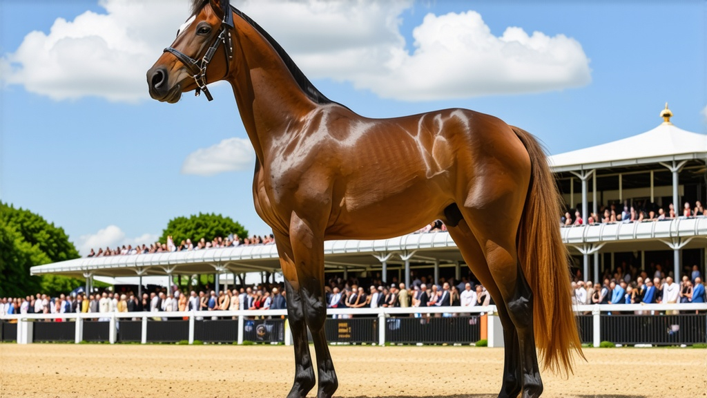 Prompt: (thoroughbred stallion), standing proud at (Royal Ascot racecourse), (16 hands high), (glossy chestnut coat) glistening in the (bright sunlight), showcasing muscular build and powerful stance, (background: elegant spectators and grandstands under a clear blue sky), atmosphere filled with (excitement), (highly detailed, 4K).