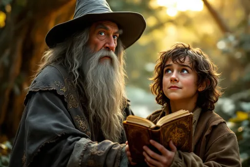 Prompt: Gandalf the Gray and Bilbo Baggins, magical realm, fantastical atmosphere, cinematic composition, warm color tones with gentle lighting, mystical forest backdrop filled with ancient trees, detailed facial expressions showcasing wisdom and curiosity, immersive landscape, high depth, ultra-detailed imagery, evokes adventure and friendship.