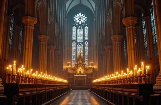 Prompt: Candles flicker in the cathedral, casting an ethereal glow on the stone walls and vaulted ceiling. The scent of incense fills the air, adding to the otherworldly atmosphere. The light of the candles dances and sparkles, reflecting off the gold and silver of the altar and the stained glass windows. The air is still and silent, save for the soft chanting of the choir.