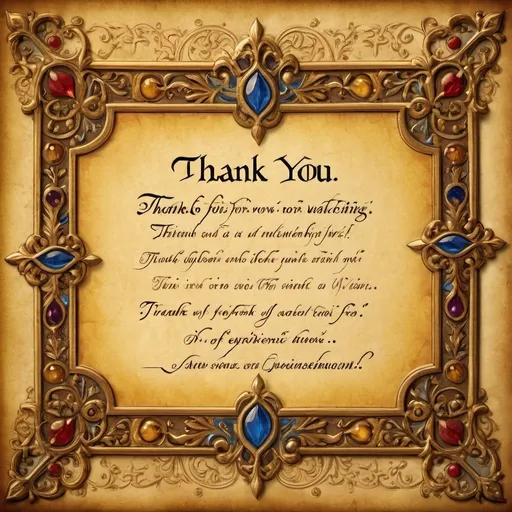 Prompt: (accurately spelled text "Thank you for watching"), medieval illuminated script, ornate lettering with intricate designs, golden and vibrant colors, aged parchment background, soft glowing highlights, high-detail texture, rich historical ambiance, warm lighting, ornate border decorations, enchanting atmosphere, expressive embellishments, ultra-detailed craftsmanship, evoking a sense of appreciation and awe.