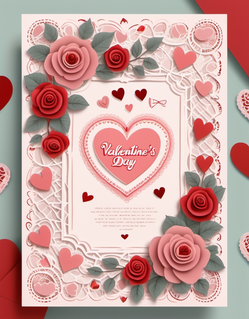 Prompt: Valentine's Day card, romantic and heartwarming design, soft pastel colors, delicate pink and red tones, adorned with whimsical hearts and roses, inviting handwritten messages, cozy vibe, intricate lace patterns, playful elements, charming typography, vintage aesthetic, perfect for expressing love, high-quality illustration, elegantly crafted for an unforgettable personal touch.