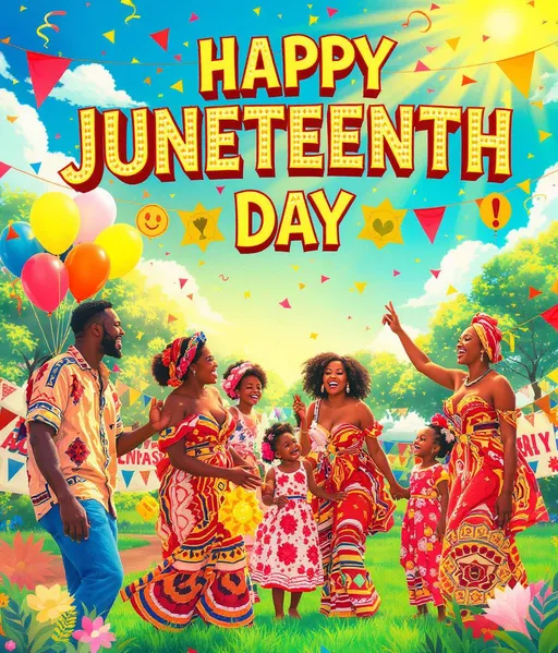 Prompt: Create a vibrant Juneteenth Day card that bursts with joy and celebration. The background should be a kaleidoscope of bright colors—royal blues, fiery reds, and sunny yellows—evoking a festive atmosphere. Center the image around a cheerful family gathered in a park, dressed in traditional African attire adorned with colorful patterns. They are laughing, some holding balloons that float against a clear blue sky, while others dance joyfully on a grassy field. Add banners and decorations featuring empowering symbols and phrases celebrating freedom, illuminated by radiant sunlight. The overall style should embody bold, eye-catching advertising aesthetics that convey happiness and pride, making the viewer feel the spirit of this significant day.