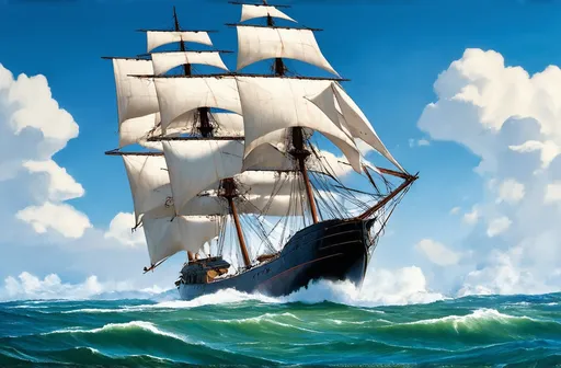 Prompt: A thrilling nautical adventure: A glossy black-hulled, three-masted racing vessel at top speed, sails taut and billowing. Cutting through dramatic blue waves, sea spray kicked up by the wind. Above, a bright blue sky is streaked with dramatic cloud formations. The ship leads the race by three quarters of a mile, evoking a cinematic atmosphere of epic adventure.