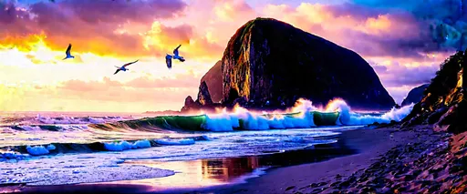 Prompt: Haystack Rock at Cannon Beach, Oregon, stunning rock formation, natural beauty, (235-foot-tall) rock, coastal landscape, Oregon Coast, dramatic scenery, USA, vibrant and natural color tones, golden sunset lighting, tranquil and majestic atmosphere, waves crashing against the rock, picturesque beach setting, soft sands, lush greenery in the background, sea birds flying above, ultra-detailed, 4K, cinematic masterpiece.
