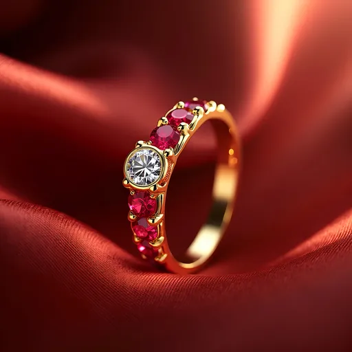 Prompt: Create a captivating advertising image of a traditional gold wedding ring, gleaming with a radiant polish that reflects light harmoniously. The ring, set with a brilliant diamond at its center, showcases the finest detail of craftsmanship. Surrounding the diamond, rich red rubies glimmer like embers, bringing warmth and vibrancy to the overall composition. Picture this exquisite piece against a dramatic backdrop, where soft ethereal lighting bathes the ring, highlighting its luxurious curves and intricate details. Add hints of lush silk fabric in the background to enhance the feel of elegance. Use a vibrant color scheme that brings out the opulence of the gold and the fiery brilliance of the gemstones, creating a stunning, eye-catching advertisement-style artwork.