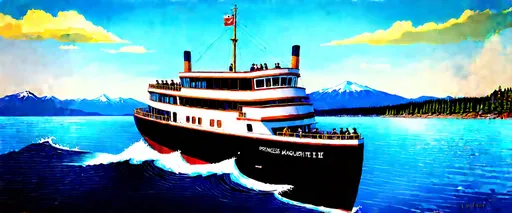 Prompt: Coastal passenger vessel Princess Marguerite II, a vibrant representation of a historic ship, navigating through the stunning waters of British Columbia, blue waves reflecting sunlight, majestic mountains in the background, artistic rendering showcasing the vintage design, passengers visible on board, warm ambiance highlighting its local charm and significance, (4K) ultradetailed illustration embodying maritime history.