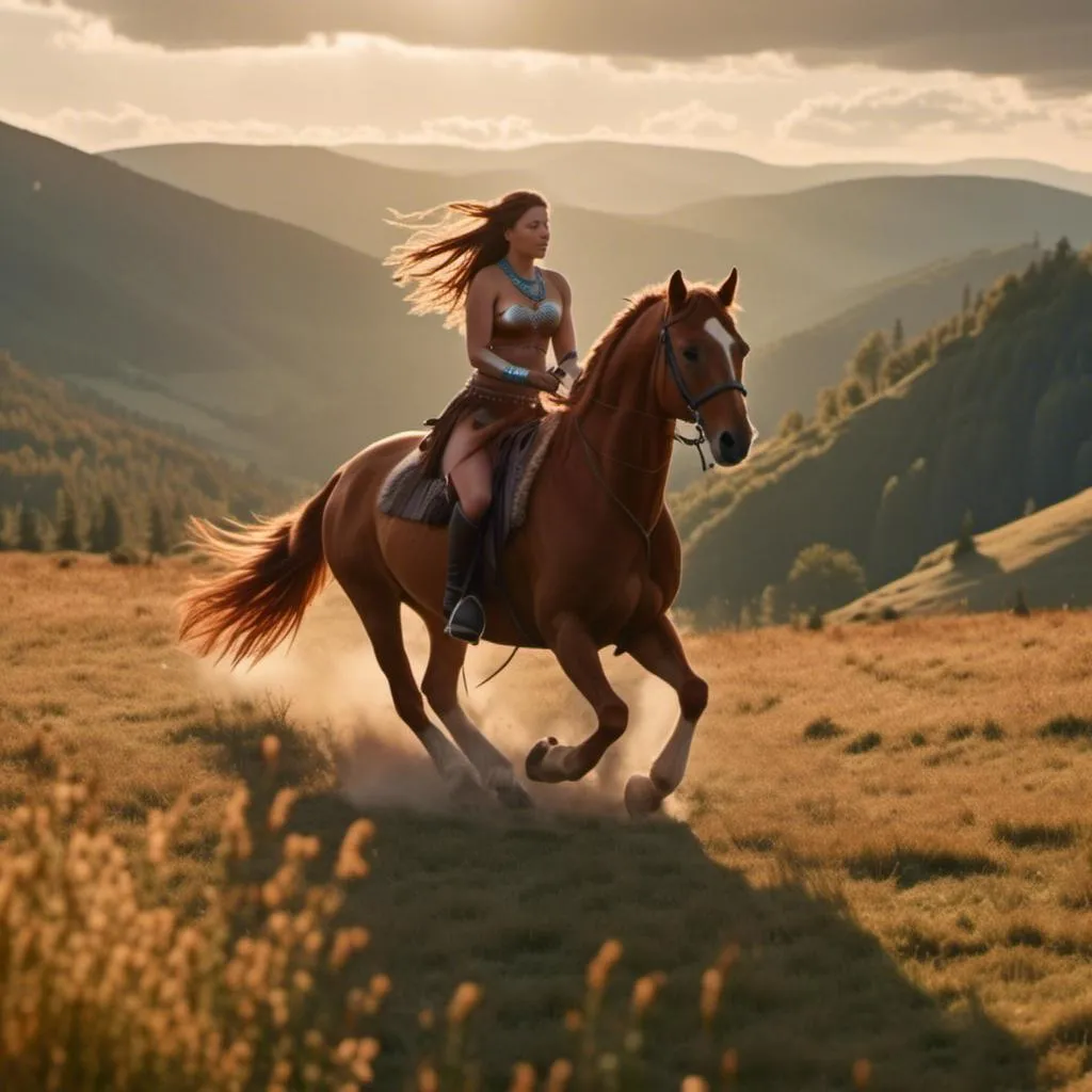 Prompt: <mymodel> A chestnut colored horse and woman rider cantering through a mountain medow. The sun is shining through light clouds making a magical scene from Camelot. 
