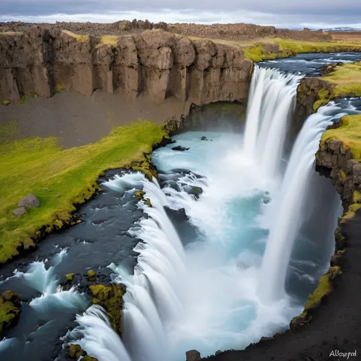 Prompt: Aldeyjarfoss Waterfall is one of Iceland's most impressive waterfalls, located in the northern part of the island on the Skjaulfandafljout River. The waterfall is surrounded by basalt columns, giving it a unique and breathtaking look. The height of the water fall is about 20 meters, creating a powerful stream that attracts nature lovers and photographers. Aldejjarfoss is a wonderful example of Iceland's natural beauty and geological diversity.