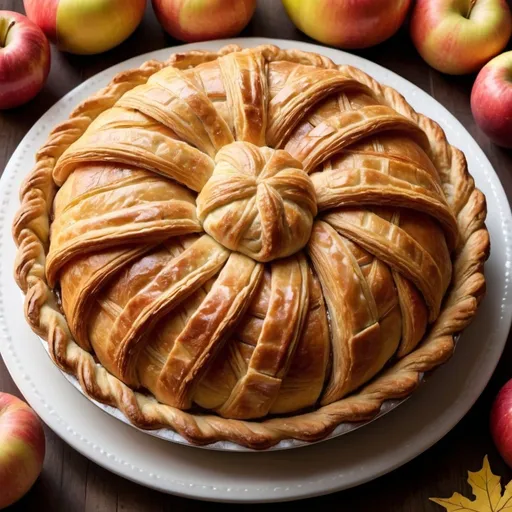 Prompt: Pastry fresh from the oven, flaky with butter between each of the delicate layers of delicious goodness. Pastries like a gift from the God's, tender croissant, lattice pie dough on apple pie. All the goodness from the baker to your lips. Arranged as the centerpiece of Thanksgiving dinner. 