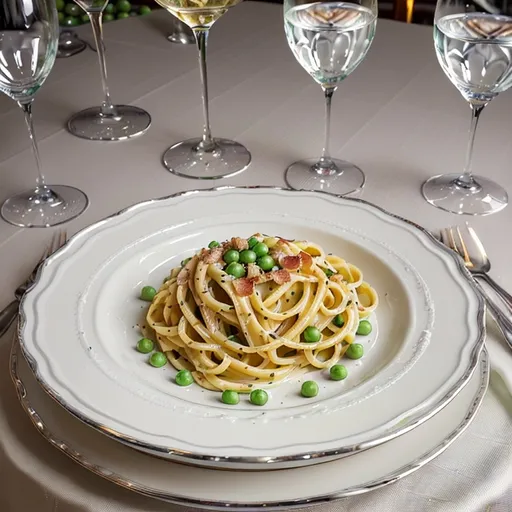 Prompt: (ultra-detailed) Pasta carbonara, rich creamy white sauce, generous crispy bacon pieces, vibrant green peas, elegantly served on fine china plate, formal silver place setting, crystal wine glass, fine white wine, luxurious dining table ambiance, soft warm lighting, inviting and sophisticated atmosphere, gastronomic masterpiece, HD quality, exquisite culinary presentation,romantic setting.