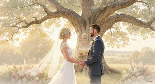 Prompt: Envision a serene outdoor wedding scene set under a sprawling oak tree, its leaves shimmering in the gentle light of the golden hour. Robert stands confidently beside Karen, a look of deep devotion and joy gracing his face as he holds her hands, their fingers intertwined. Karen, radiant in a delicate lace wedding dress that flutters slightly in the warm breeze, gazes back at him, her eyes sparkling with love and anticipation. Surrounding them, floral arrangements in soft pastels echo the warmth of their vows. The soft sunlight filters through the branches, casting a dreamy, dappled light on the scene, while a slight rustle of leaves accompanies the whispers of their heartfelt promises. This moment, rich with emotion and future hopes, is captured in a soft, romantic watercolor illustration style.