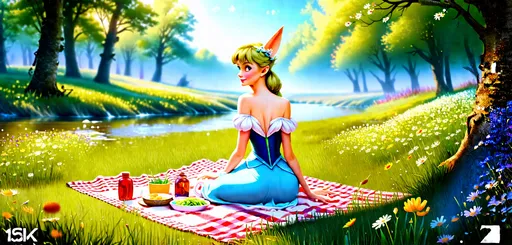 Prompt: (elfen princess), sitting gracefully on a picnic blanket, serene stream flowing lazily beside her, lush green meadow adorned with wildflowers, soft sunlight filtering through trees, (dreamy atmosphere), gentle breeze rustling the grass, charming details of picnic items scattered, 4K, ultra-detailed, vibrant colors, magical and whimsical vibe.