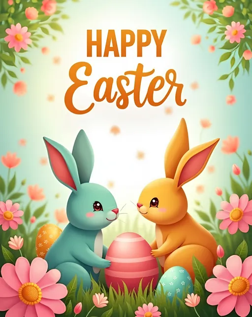 Prompt: Happy Easter Card, cheerful advertising style, vibrant spring theme, warm color scheme, bright pastel hues, playful bunnies and colorful eggs, festive floral elements, smooth and polished design, eye-catching typography, inviting atmosphere, uplifting vibe, cozy background, soft textures, high quality, ultra-detailed, designed to resonate emotionally with viewers.