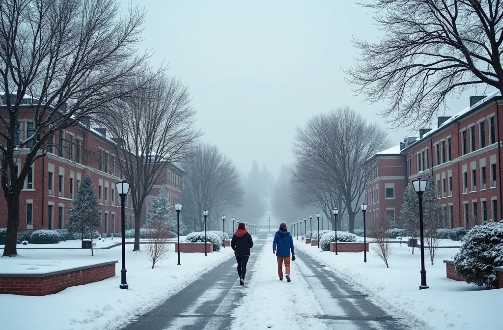 Prompt: (Central Washington University campus during a winter storm), (freezing temperatures), (high winds), weather advisories, students bundled in warm winter clothing, frost on buildings, bare trees swaying in the wind, cloudy sky, muted colors, chilly ambiance, a sense of precaution and safety, winter scenery, photographic realism, (high detail), ultra-detailed 4K resolution.