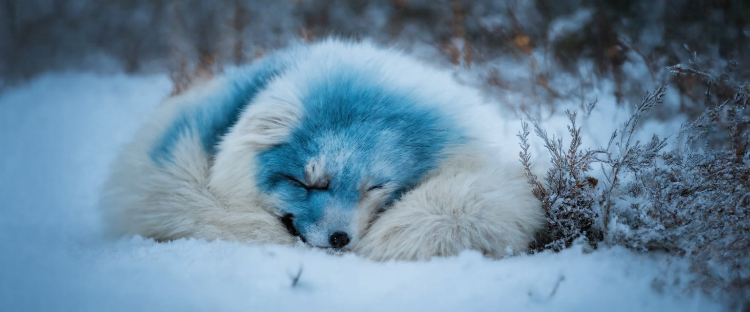 Prompt: Arctic foxes must endure a temperature difference of up to 90–100 °C (160–180 °F) between the external environment and their internal core temperature. To prevent heat loss, the Arctic fox curls up tightly tucking its legs and head under its body and behind its furry tail. This position gives the fox the smallest surface area to volume ratio and protects the least insulated areas. Arctic foxes also stay warm by getting out of the wind and residing in their dens.