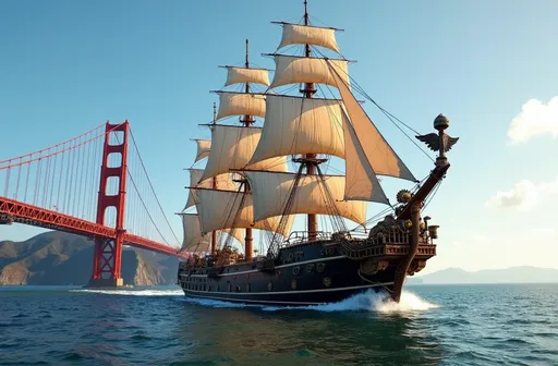 Prompt: A steampunk tall ship sailing in the ocean just outside the Golden Gate Bridge. The ship is powered by steam engines and has a steampunk aesthetic. The ship's design is a mixture of Victorian and modern elements, and the steam engines are reminiscent of the Industrial Revolution. The ship's figurehead is a winged figure, and the ship's sails are a combination of canvas and metal.