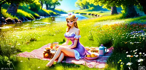 Prompt: (elfen princess), sitting gracefully on a picnic blanket, serene stream flowing lazily beside her, lush green meadow adorned with wildflowers, soft sunlight filtering through trees, (dreamy atmosphere), gentle breeze rustling the grass, charming details of picnic items scattered, 4K, ultra-detailed, vibrant colors, magical and whimsical vibe.