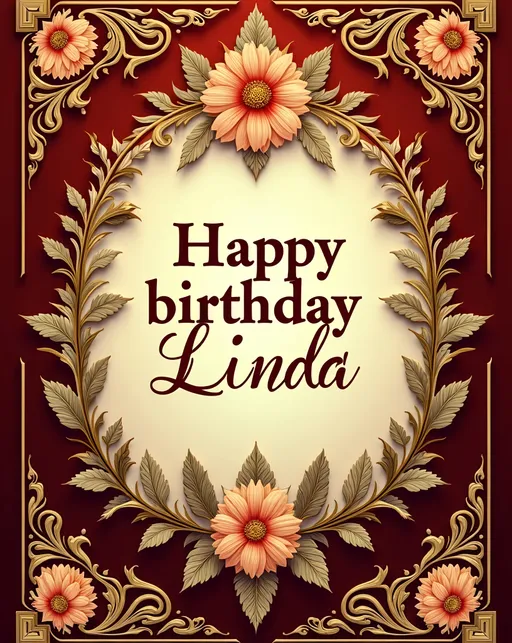 Prompt: intricate baroque birthday card design, elegant ornate borders, warm color scheme with rich golden hues and deep reds, vintage textures, harmonious and joyful atmosphere, lavish embellishments, intricate typography showcasing "accurately spelled text 'Happy birthday Linda'", detailed floral motifs, high-quality, ultra-detailed, sophisticated aesthetic, celebratory mood, visually striking and refined.