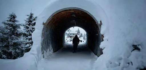 Prompt: In Alberta, Canada, winter arrives with a blanket of snow so deep, locals are compelled to dig tunnels for barn access. Amidst the  snow a farmhouse stands resilient. A tunnel, laboriously carved through towering snowdrifts, guides the way to the barn. Inside, farmers tend to the animals, their breath visible in the chilly air showing the spirit of rural Canadian life