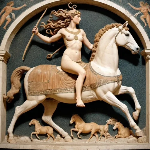 Prompt: The Centaurides (Ancient Greek: Κενταυρίδες, Kentaurides) or centauresses are female centaurs. First encountered in Greek mythology as members of the tribe of the Centauroi, the Centaurides are only occasionally mentioned in written sources, but appear frequently in Greek art and Roman mosaics. The centauress who appears most frequently in literature is Hylonome, wife of the centaur Cyllarus.

Draw me a female centauress. 
