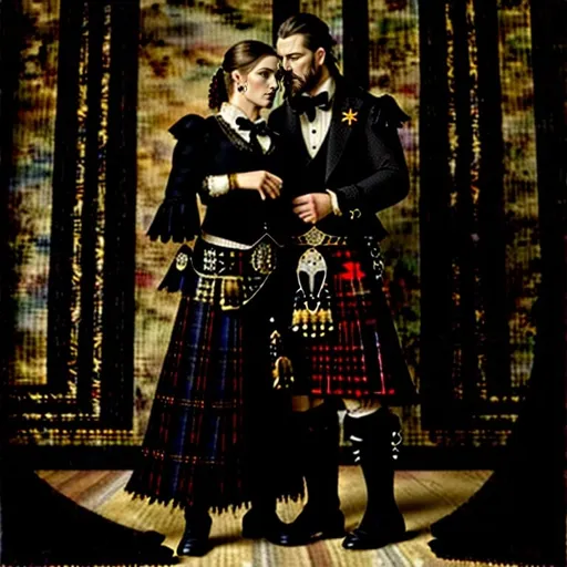 Prompt: Photorealistic illustration of a man in a formal Scottish kilt bowing to his lady, both wearing formal Scottish attire, intricate baroque style, detailed fabric textures, realistic facial features, elegant posing, rich color palette, dramatic lighting, high-res, detailed clothing, formal gesture, realistic, baroque, Scottish kilt, formal attire, intricate textures, dramatic lighting, elegant posing, rich colors