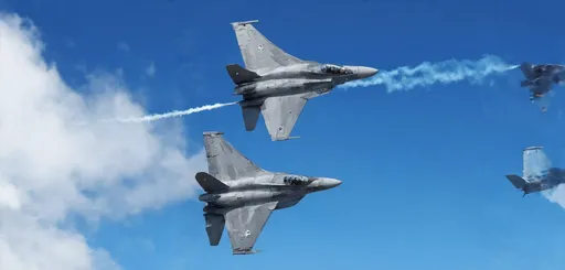 Prompt: (ultra-detailed) US Air Force F-16 Thunderbird airplanes, soaring in precision formation against a brilliant clear blue sky, showcasing dynamic angles and vibrant colors, symbolizing power and agility, clouds softly crafted in the background, highlighting the drama and excellence of flight, high-quality 4K rendering, capturing the essence of aviation performance.