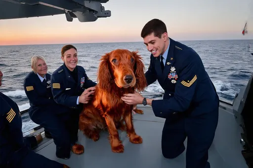 Prompt: Aboard the USS O'Brien DD 725, crew member interacting with Lucky Thenderin O'Brien Odell, the ship's Irish Setter mascot, glowing vibrant red coat, friendly expression, sailors smiling around him, intense navy combat aesthetic, dramatic ocean backdrop, warm sunset lighting, high detail fur texture, capturing a moment of camaraderie and hope during combat patrols, photorealistic, 4K ultra-detailed image.