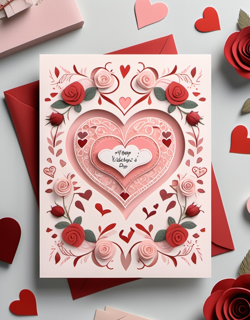 Prompt: Valentine's Day card, romantic and heartwarming design, soft pastel colors, delicate pink and red tones, adorned with whimsical hearts and roses, inviting handwritten messages, cozy vibe, intricate lace patterns, playful elements, charming typography, vintage aesthetic, perfect for expressing love, high-quality illustration, elegantly crafted for an unforgettable personal touch.
