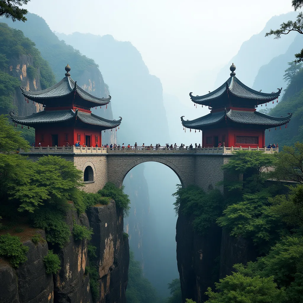 Prompt: Fanjingshan Temple, China

Fanjingshan Temple is located on the Red Clouds Golden Peak of Fanjing Mountain. It consists of two temples: the Temple of the Buddha and the Maitreya Temple. 

Built during the Yongle period of the Ming Dynasty, these temples are now protected by iron tiles against harsh weather conditions. Each temple has a single hall constructed with stone layers. A bridge connects the two temples, allowing visitors to cross from the Temple of the Buddha on the southern side to the Maitreya Temple on the northern side.