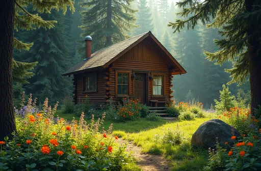 Prompt: (cozy cabin), nestled in a lush evergreen forest, vibrant wildflowers blooming, sunlight filtering through the dense canopy, warm and inviting atmosphere, dappled sunlight creating playful shadows, soft earthy tones contrasting with bright colors of blossoms, tranquility and serenity of the Pacific Northwest, deeply detailed scene, enchanting greenery, ultra-detailed image, captivating visual experience.