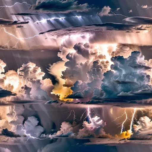 Prompt: Supercell Thunderstorm over East Texas plains, (towering) clouds reaching into the stratosphere, (dynamic) lightning crackling within, (dramatic) shadows cast by the sun illuminating the scene, (ominous) dark skies filled with swirling turbulence, potential tornadoes forming underneath, (vivid) contrasts of moody blues and grays, (highly detailed), (4K) resolution, evoking a sense of awe and foreboding.