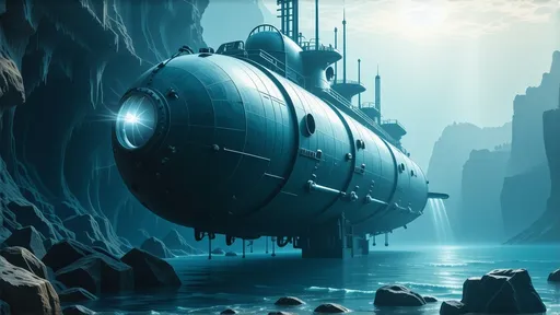 Prompt: Trieste deep-diving research bathyscaphe, (imposing vessel), vintage design, influential Swiss-Italian engineering, reaching Challenger Deep, Mariana Trench, (historic milestone), cool deep blue tones, light filtering through water, serene yet profound ambiance, underwater landscape rich with marine life, 4K ultra-detailed underwater scene, capturing the moment of oceanic exploration.