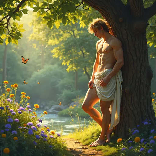 Prompt: Adonis, the embodiment of supreme physical beauty, standing gracefully in a serene sunlit glade. The dappled sunlight filters through a canopy of vibrant green leaves, casting playful shadows on the soft, moss-covered ground. Adonis leans against a gnarled tree trunk, his muscular form radiating strength and grace, with golden hair gleaming like sunlight itself. A gentle breeze plays with his flowing tunic, adding a sense of movement to the tranquil scene. Surrounding him are wildflowers in vivid purples and yellows, their colors saturating the air with a sweet fragrance. Butterflies flit about in the warm, golden light, and the faint sound of a nearby brook adds to the serene atmosphere. The scene is reminiscent of a classic romantic painting, capturing the perfect harmony of nature and the divine.