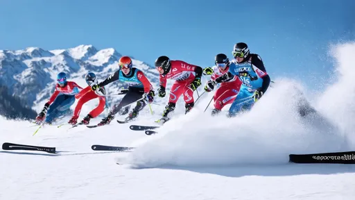 Prompt: A team of contestants skiing down the (Olympic racing slope), dynamic winter sports action, snow-capped mountains in the background, (adrenergic and intense atmosphere), vision of speed and competition, high-definition, bright blue skies contrasting with white snow, skis slicing through the powder, crystalline snowflakes captured in mid-air; (4K high quality), exhilarating winter sports experience.