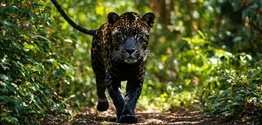 Prompt: (magnificent black jaguar), rare melanistic beauty, prowling gracefully, surrounded by (lush vibrant jungle), dense green foliage, vibrant tropical flowers, dappled sunlight filtering through canopy, (intense gaze), elusive and captivating presence, rich textures of fur, intriguing shadows, sense of mystery, inviting atmosphere, (highly detailed), (4K quality), enchanting ambiance, a rare moment in wildlife.