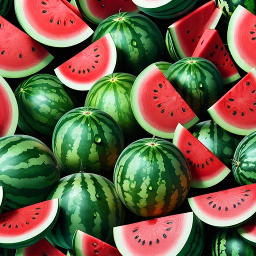 Prompt: (vibrant watermelons), gorgeous red and green colors, capturing glistening water droplets, tender texture, juicy flesh, alluring freshness, basking in warm sunlight, inviting and cheerful ambiance, celebrating the final days of the season, ultra-detailed, HD quality, perfect for summer fruit lovers, a tantalizing treat awaits with every bite.