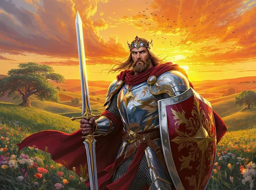 Prompt: King Arthur standing proud amidst a lush, rolling green landscape, the sun setting behind him, casting a warm golden hue over the scene that enhances the vintage style. He wears intricately detailed traditional armor that glimmers with a rich, vibrant color scheme of royal blues and deep reds, reflecting the nobility of his character. In his right hand, he firmly grips Excalibur, the legendary sword sparkling with a mystical light. His left arm bears a beautifully ornate shield, embossed with the emblem of the round table, catching the last rays of sunlight. The background is dotted with wildflowers and ancient trees, swaying gently in the breeze, as a flock of birds circles overhead. The overall mood is heroic and timeless, reminiscent of classic illustration styles, evoking a sense of adventure and nobility.