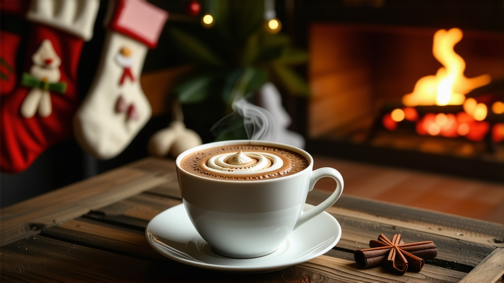 Prompt: (cozy nook), wooden table, steaming mug of hot cocoa (topped with fluffy whipped cream), freshly baked cinnamon roll (rich and inviting), crackling fireplace (warm ambiance), Christmas stockings hanging from the mantle (holiday spirit), warm lighting, soft textures, festive decorations, ultra-detailed, HD, inviting atmosphere, tranquil Christmas setting.