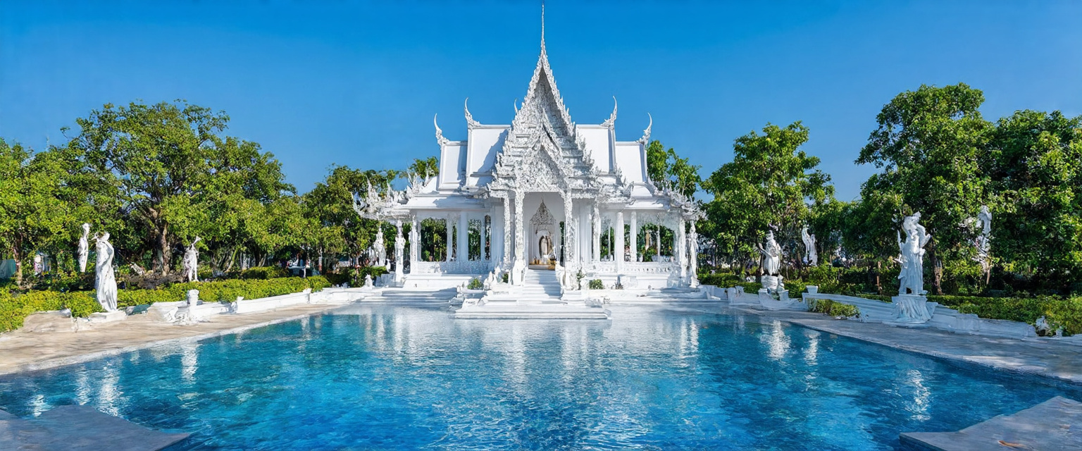 Prompt: Wat Rong Khun, Chiang Rai, Northern Thailand, Thailand

Wat Rong Khun, known as the White Temple, is located 13 km from the center of Chiang Rai. This modern Buddhist temple was designed and built by artist Chalemchai Kositpipat and opened to visitors in 1997. The temple impresses with its unique architecture, white color and many mirror elements symbolizing purity and spiritual enlightenment.

Inside the temple, you can see impressive paintings and sculptures that reflect Buddhist teachings and modern culture. The best time to visit is in the morning or evening, when the light highlights the beauty of the temple. You can get to Wat Rong Khun by taxi or bus from Chiang Rai.