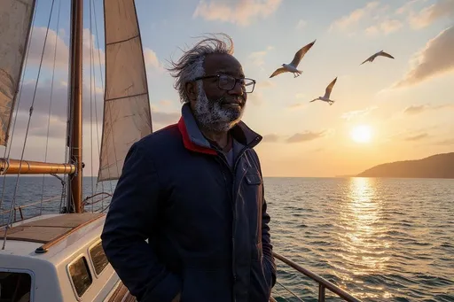 Prompt: A solitary sailor stands confidently on the deck of a weathered sailboat, the crisp morning air ruffling their wind-tousled hair. The sun rises on the horizon, casting a golden glow over the gentle waves that ripple like silk, reflecting hues of orange and pink. The sails billow majestically, catching the soft breeze as seagulls glide overhead, their cries harmonizing with the lapping of water against the hull. The sailor, dressed in a rugged navy-blue coat, gazes determinedly toward the distant, mist-kissed shoreline, their expression a blend of adventure and serenity. Fluffy clouds scatter across the sky, promising a day full of possibilities. This scene captures the essence of freedom and exploration, rendered in a vibrant, photorealistic style.