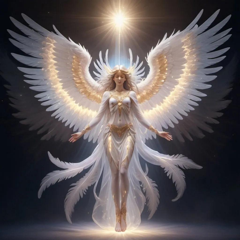 Prompt: Seraphim with six wings, covering face and feet, flying, detailed feathers with iridescent glow, heavenly glow, ethereal and divine, angelic, highres, detailed, heavenly, majestic wings, radiant, divine aura, celestial, mystical lighting