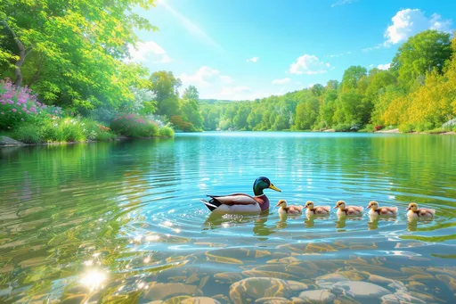 Prompt: A serene lakeside scene unfolds under a clear blue sky, where the gentle sunlight dances on the surface of the shimmering water. Vibrant greens of surrounding foliage create a lush backdrop, while bursts of wildflowers along the banks add splashes of color to the landscape. A small family of mallard ducks glides gracefully through the tranquil lake, their iridescent feathers glinting in hues of emerald and bronze. The mother leads her ducklings, which trail behind her in a perfect line, their tiny bodies bobbing playfully in the rippling water. The overall atmosphere feels fresh and lively, exuding warmth and tranquility, making it perfect for an ad-style presentation. The scene captures the essence of nature in a joyful and vivid manner, ideal for a bright, hyper-realistic illustration.