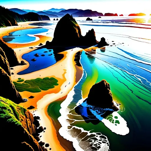 Prompt: Detailed 4K digital illustration of Cannon Beach, Oregon, Haystack Rock towering above the ocean, wide sandy beaches, vibrant tide pools, diverse seabirds, breathtaking natural beauty, realistic digital painting, scenic coastal landscape, high level of detail, widescreen wallpaper, natural colors, bright sunlight, realistic shadows and highlights